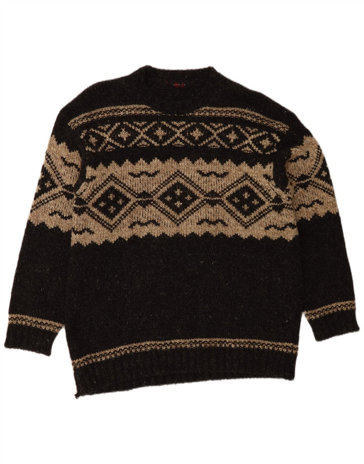 Maglione girocollo da uomo vintage in lana Fair Isle grigia grande