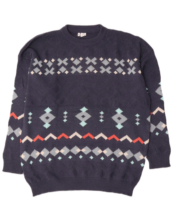 Vintage Mens Crew Neck Jumper Sweater 2XL Navy Blue Geometric Cotton