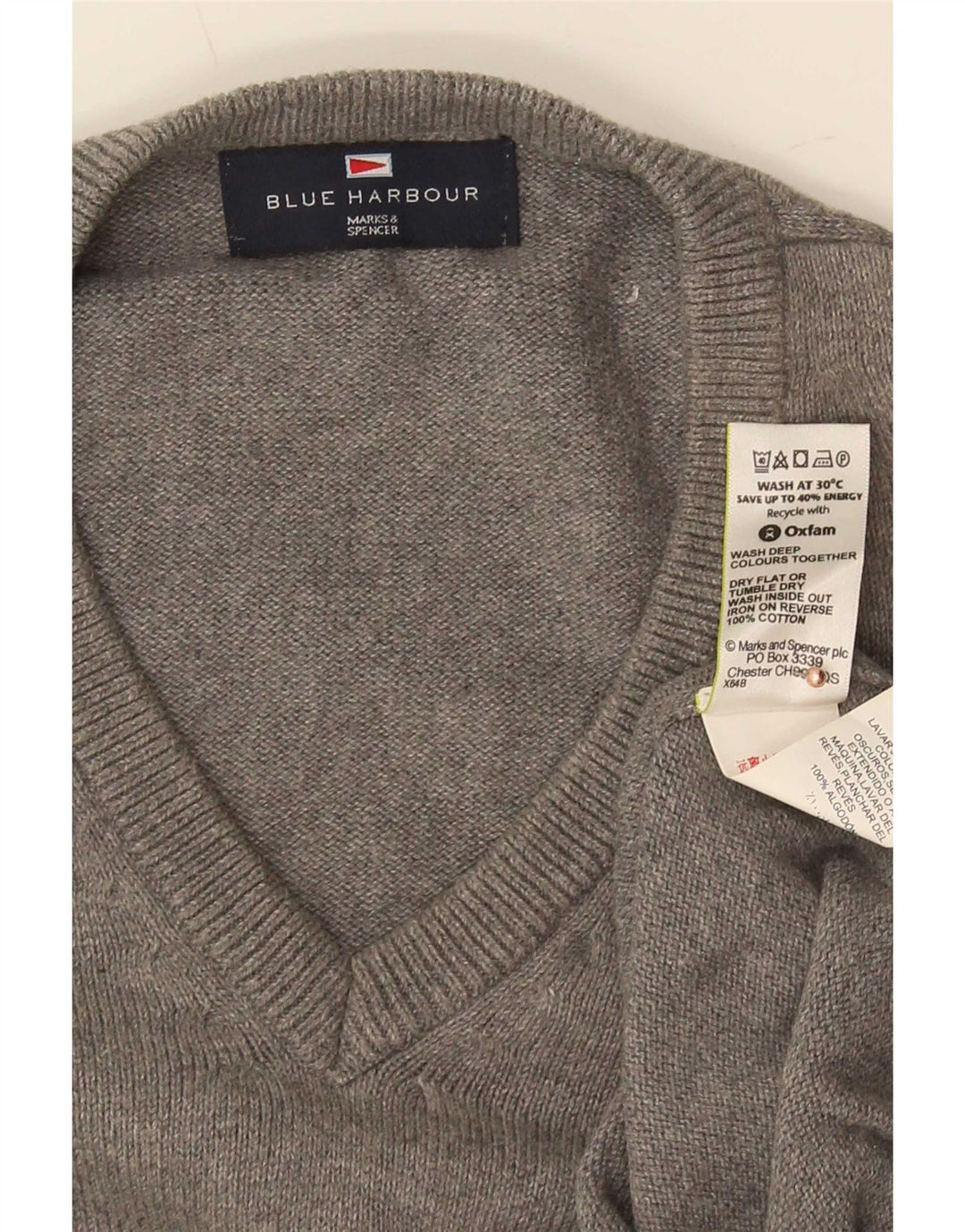 Maglione da uomo Marks & Spencer con scollo a V blu Harbour in cotone grigio medio