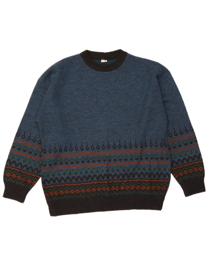 Maglione maglione girocollo da uomo vintage blu medio Fair Isle