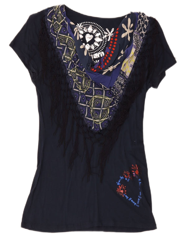 Desigual T-shirt grafica da donna Top UK 10 Small Blu navy floreale