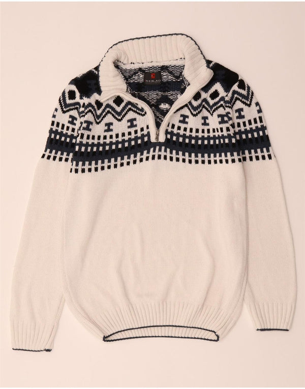 Maglione vintage da uomo con zip sul collo, grande poliacrilico geometrico bianco