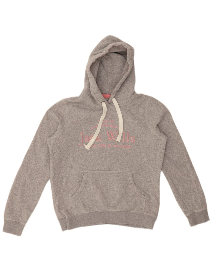 JACK WILLS Maglione con cappuccio oversize con grafica da donna UK 10 Piccolo cotone grigio