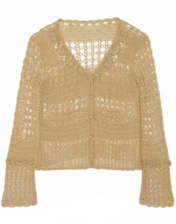 Vintage Womens Crochet See Through Cardigan Top UK 16 Large Beige