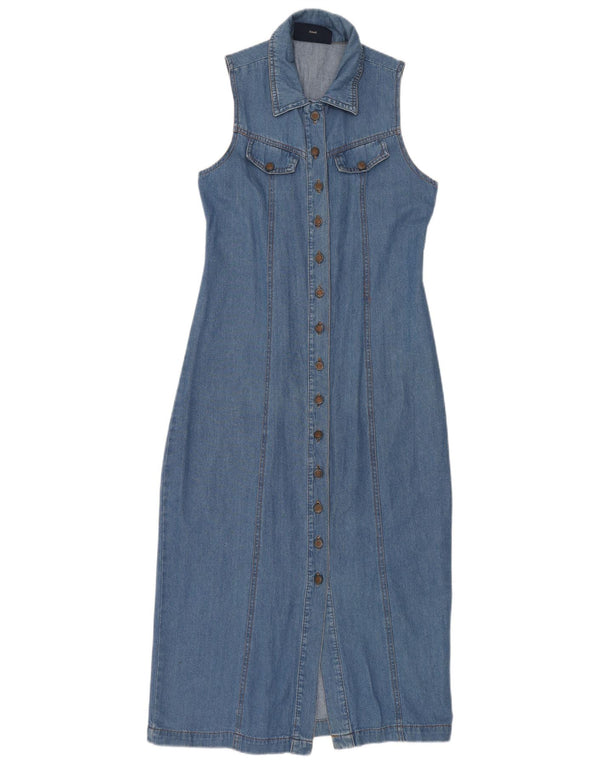 Abito maxi denim senza maniche da donna vintage UK 10 piccolo cotone blu