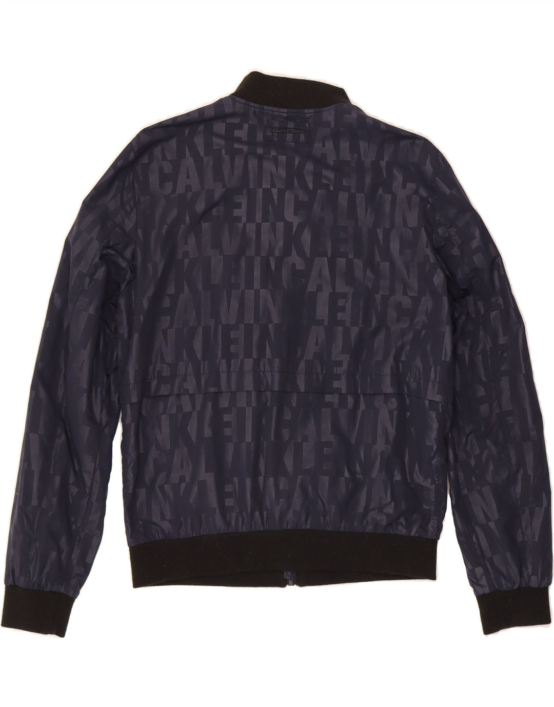 CALVIN KLEIN JEANS Mens Graphic Bomber Jacket UK 38 Medium Navy Blue Vintage Calvin Klein Jeans and Second-Hand Calvin Klein Jeans from Messina Hembry 