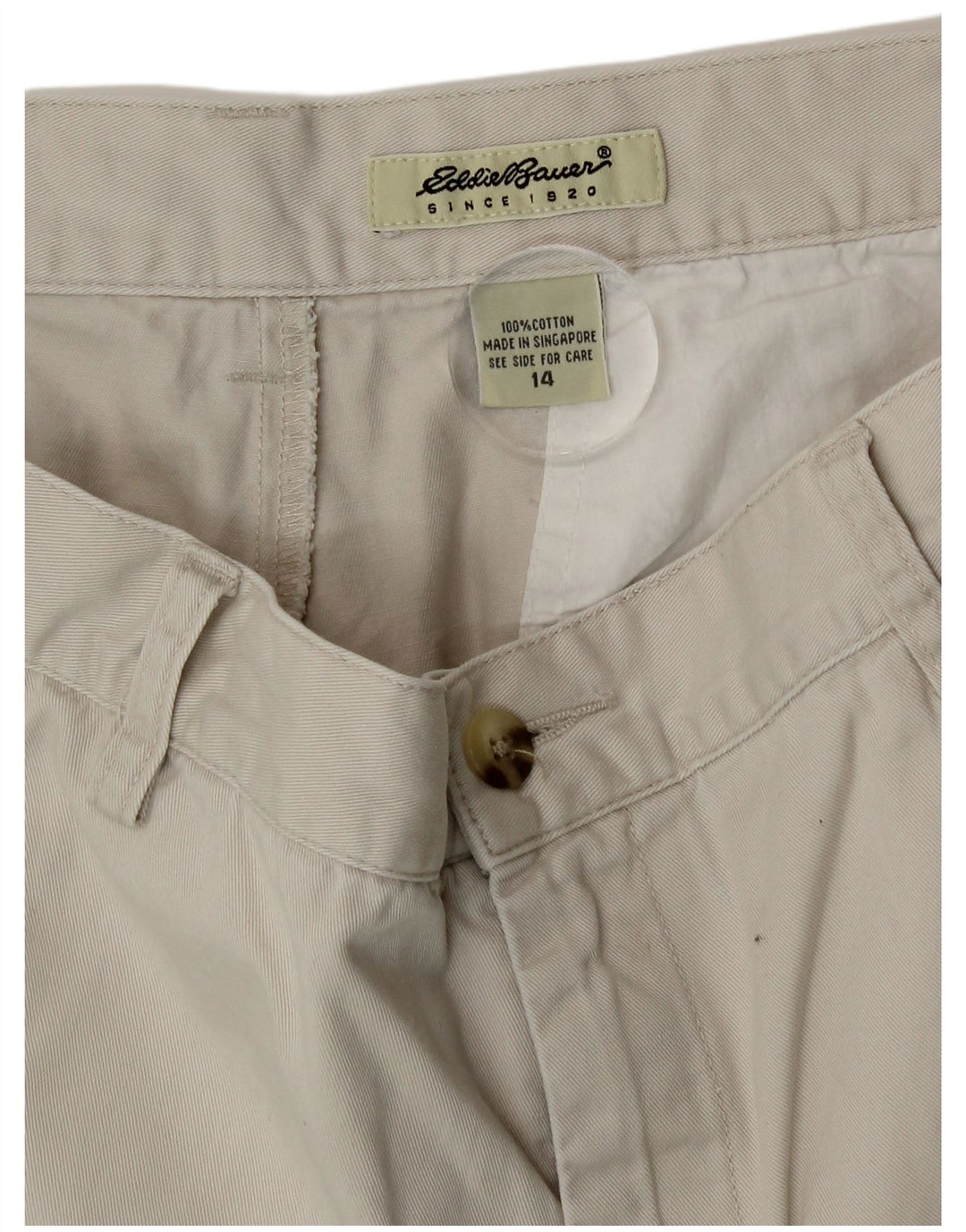 Pantaloncini chino a vita alta da donna Eddie Bauer US 14 Large W32 cotone beige