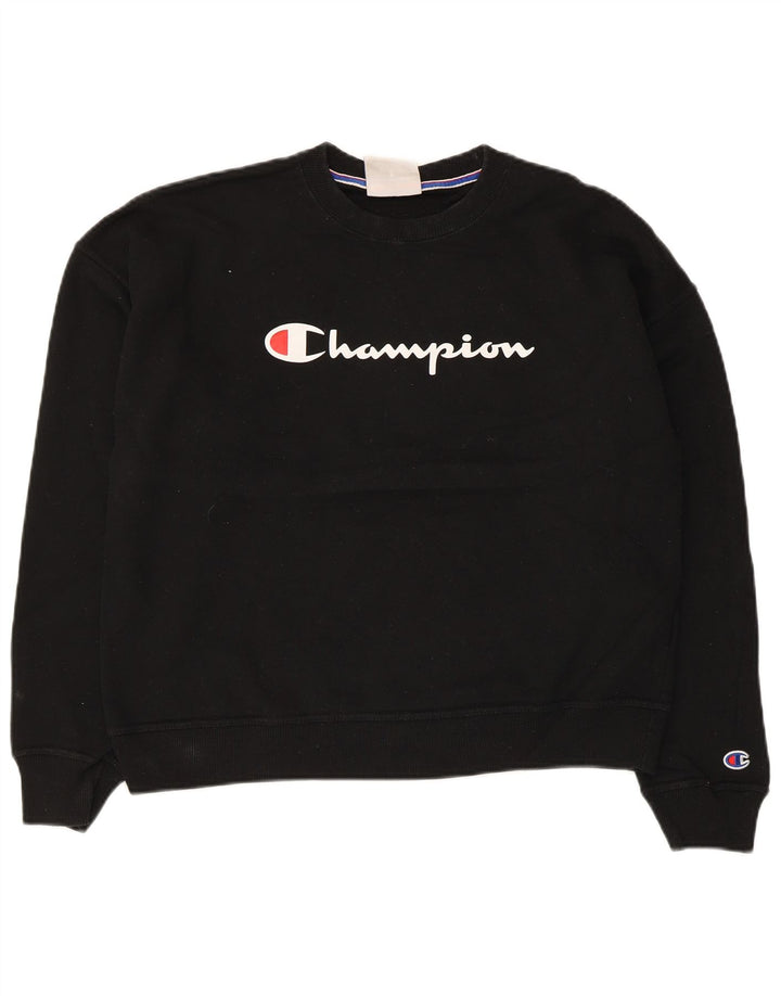 Felpa con grafica Champion da donna, maglione UK 14, cotone nero medio