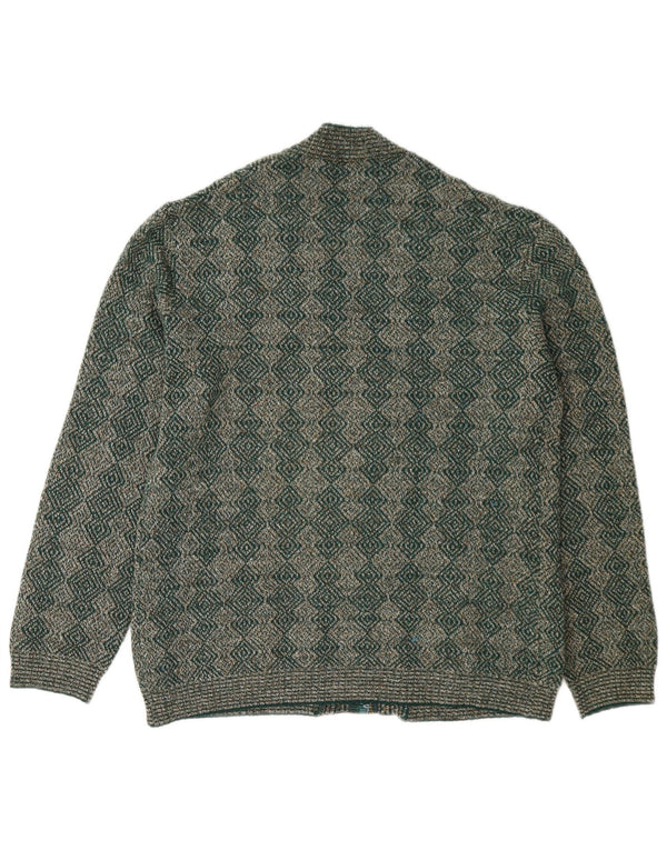 Maglione cardigan con zip intera da donna vintage UK 16 grande verde geometrico
