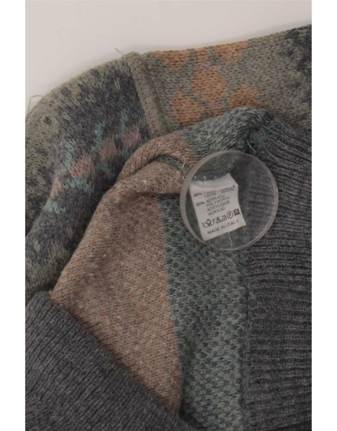 Maglione girocollo da uomo vintage in lana Fair Isle grigia grande