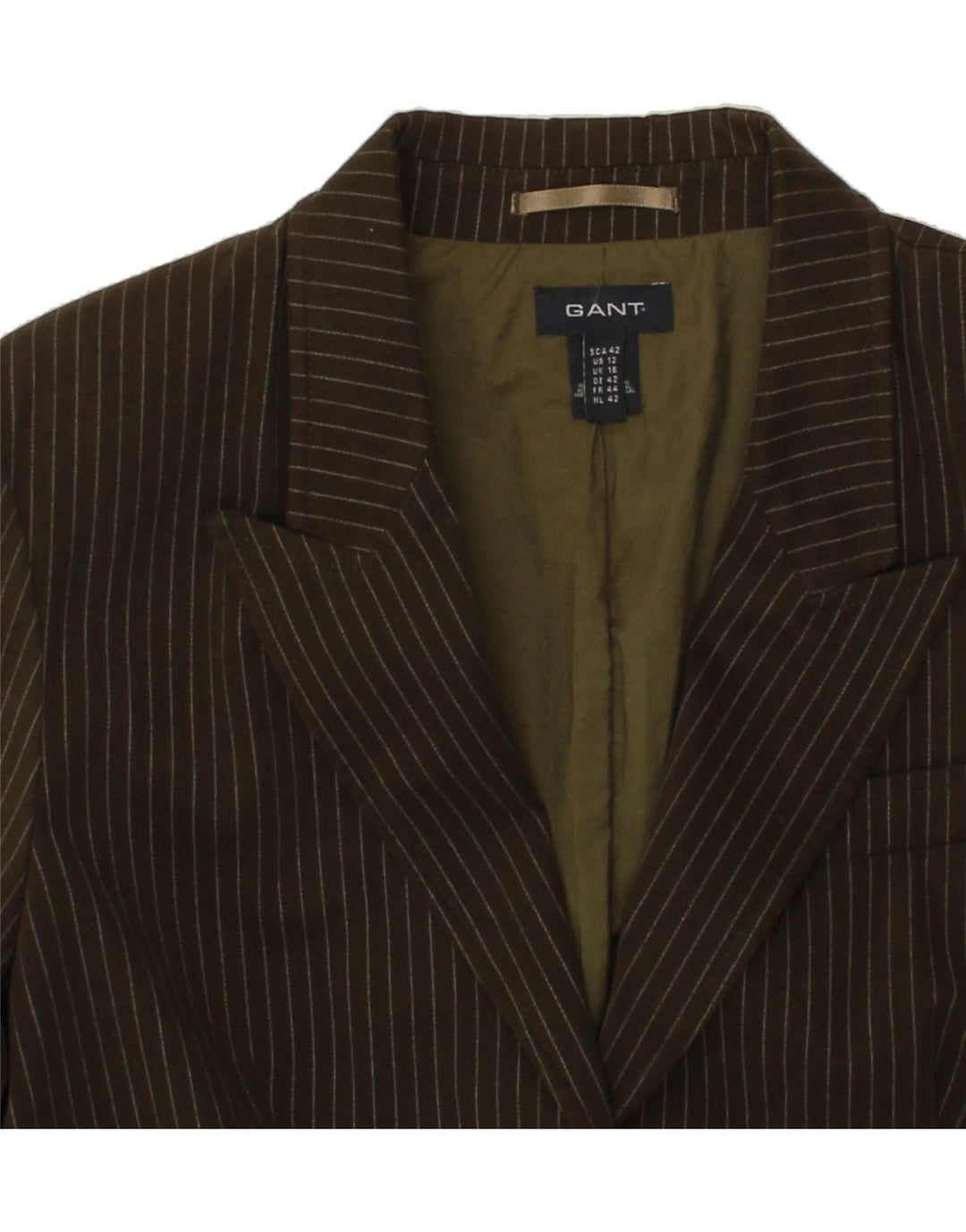 GANT Womens 2 Button Blazer Jacket UK 16 Large Khaki Pinstripe Cotton Vintage Gant and Second-Hand Gant from Messina Hembry 