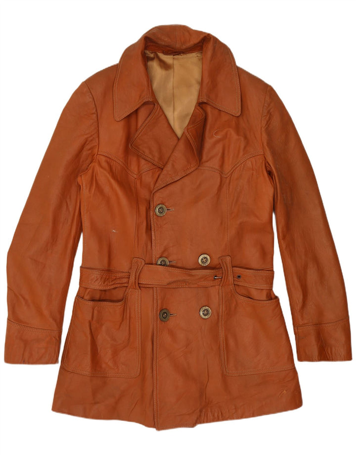 Cappotto in pelle doppiopetto vintage da donna UK 14 Marrone medio