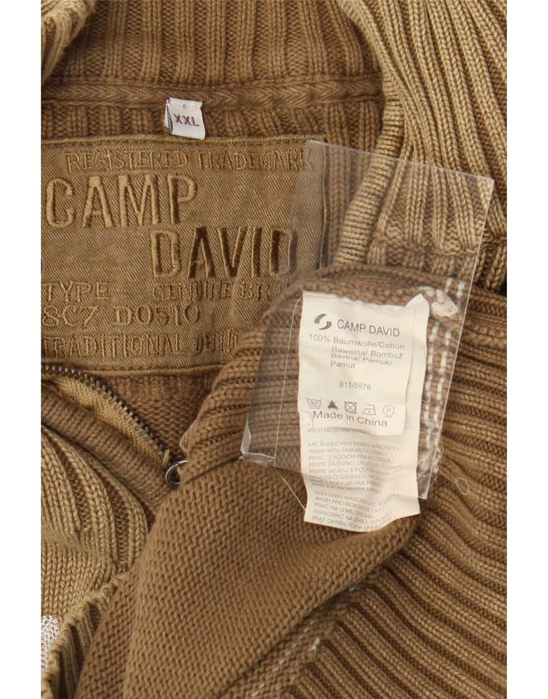 Maglione maglione con collo con zip grafica da uomo Camp David 2XL cotone marrone