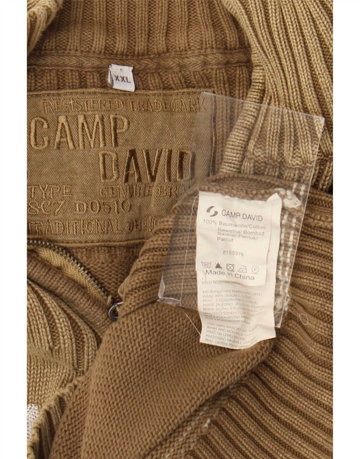 Maglione maglione con collo con zip grafica da uomo Camp David 2XL cotone marrone