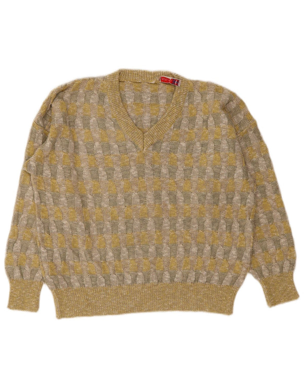 Maglione maglione vintage da donna con scollo a V UK 18 XL Lino geometrico giallo