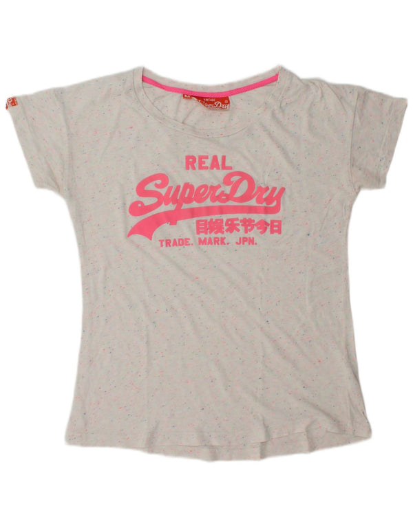 T-shirt grafica da donna SUPERDRY Top UK 14 Cotone screziato bianco sporco medio