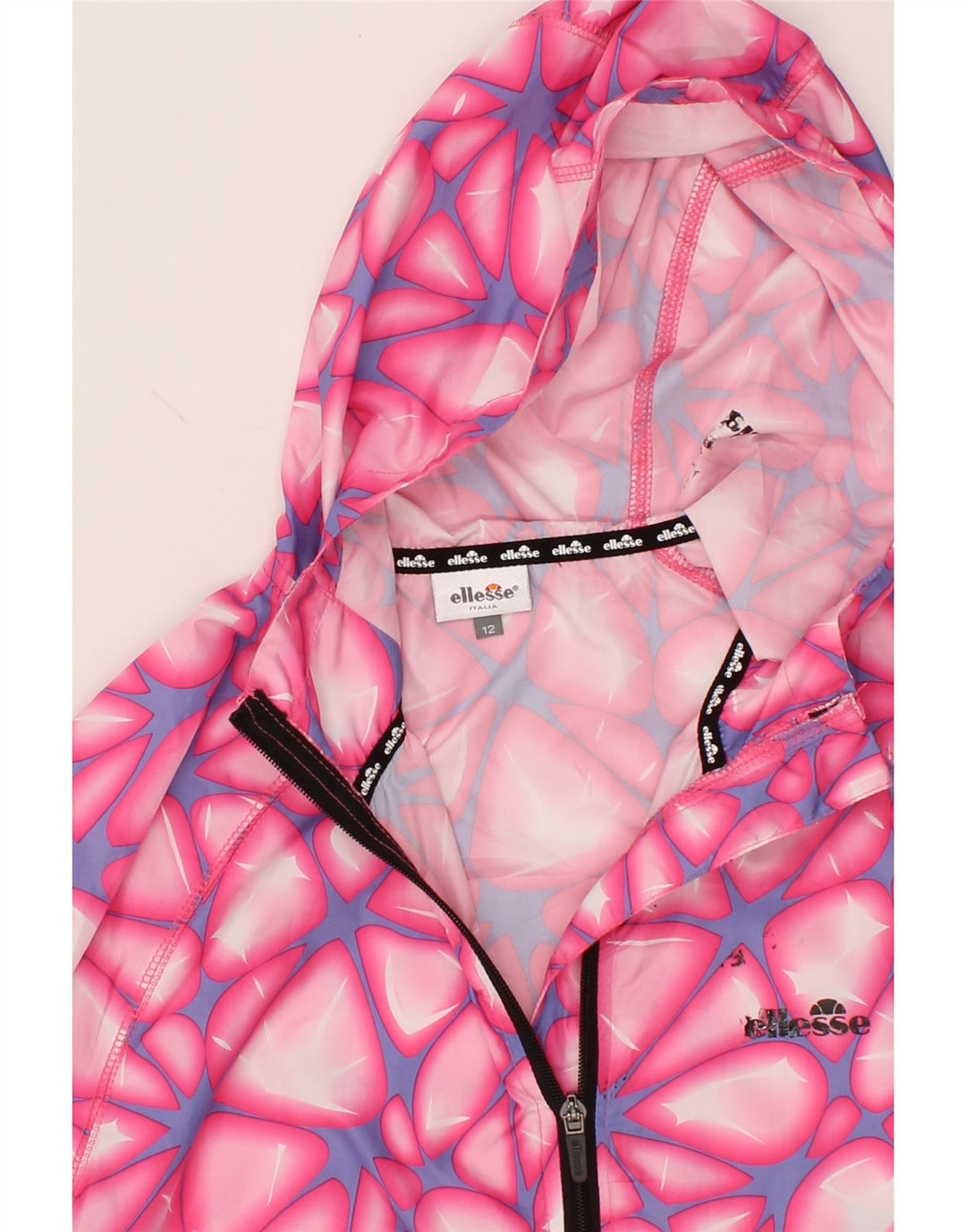 ELLESSE Womens Abstract Pattern Hooded Rain Jacket UK 12 Medium Pink Vintage Ellesse and Second-Hand Ellesse from Messina Hembry 