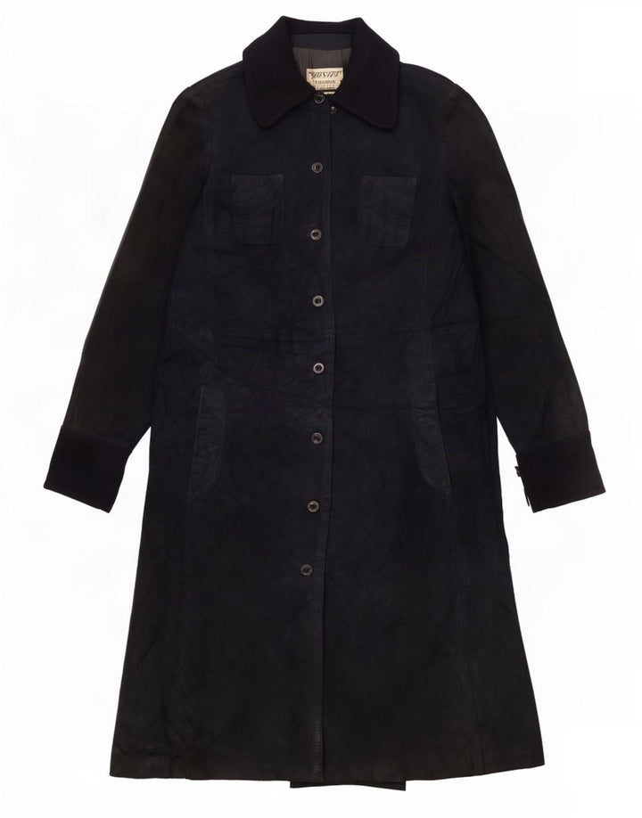 Soprabito vintage in pelle scamosciata da donna UK 10 piccolo blu navy