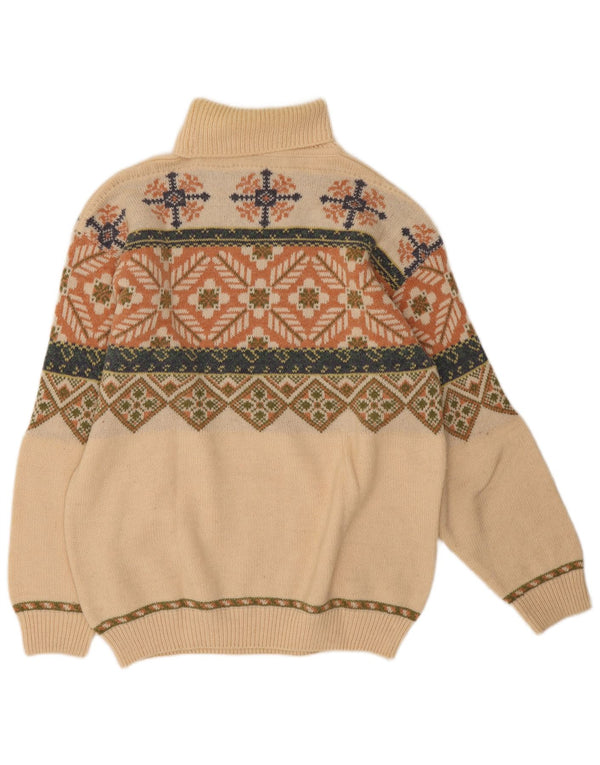Maglione maglione vintage da donna con collo alto UK 14 Lana Fair Isle beige grande