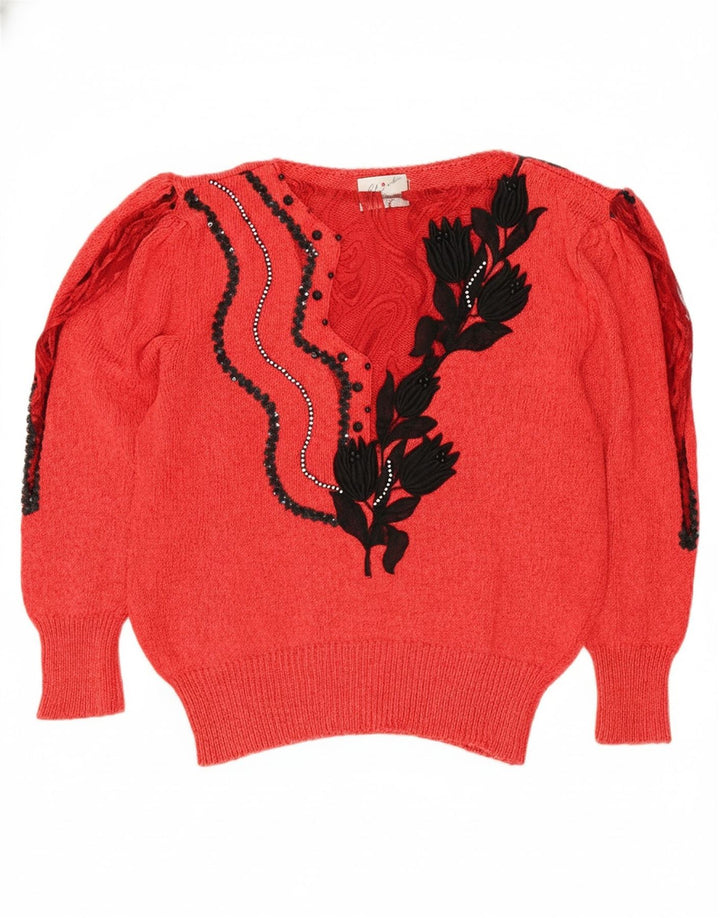 VINTAGE Womens V-Neck Jumper Sweater UK 14 Medium Red Floral