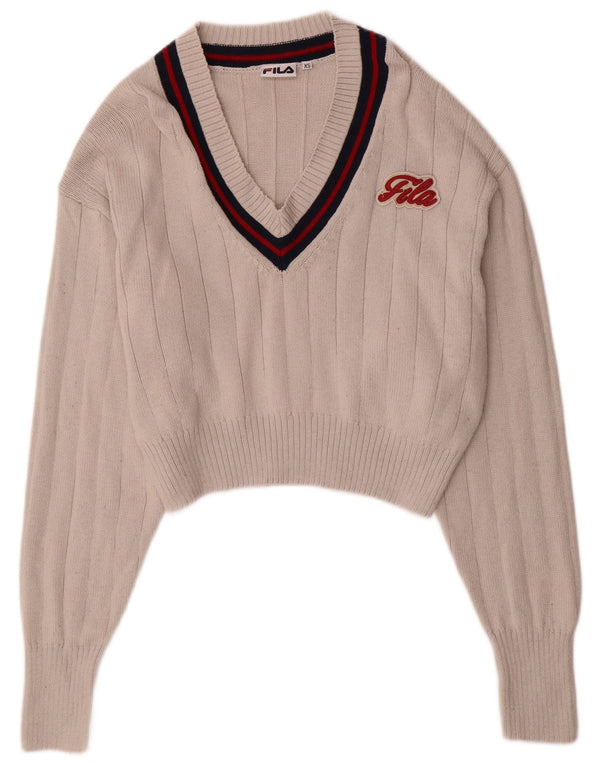 FILA Maglione da donna oversize corto con scollo a V UK 6 XS Cotone beige