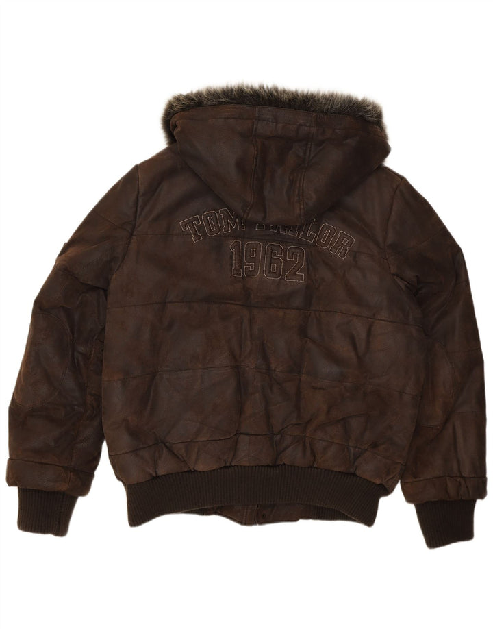 Tom Tailor Giubbotto bomber in pelle grafica da uomo UK 40 Grande pelle marrone