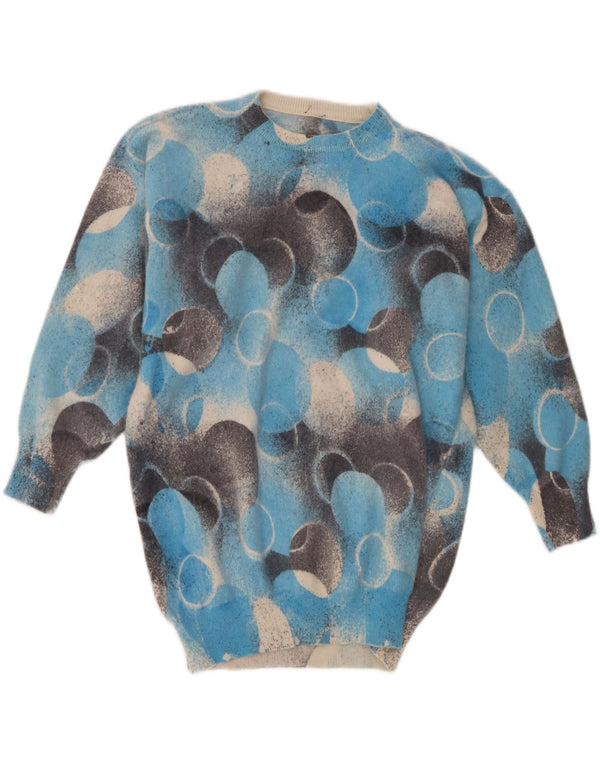 Maglione maglione girocollo da donna vintage UK 14 grande blu geometrico