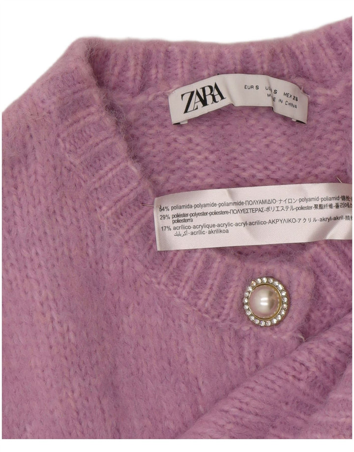 Maglione cardigan corto ZARA da donna con maniche a 3/4 UK 10 piccolo viola poliammide