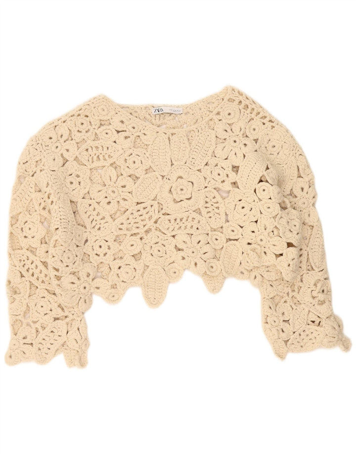 Top Zara da donna, camicetta oversize all'uncinetto con maniche a 3/4, UK 14, beige medio