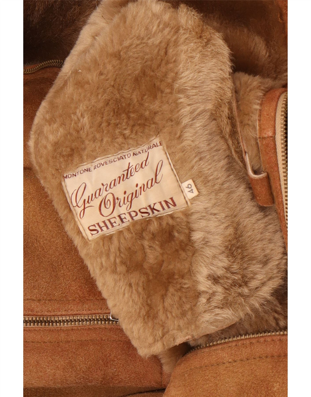 Giubbotto in shearling con cappuccio da donna vintage IT 46 Grande pelle di pecora marrone