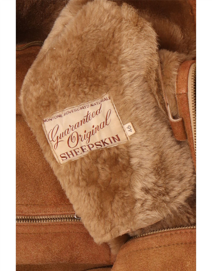 Giubbotto in shearling con cappuccio da donna vintage IT 46 Grande pelle di pecora marrone