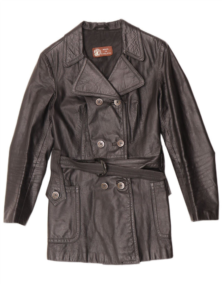 Giacca in pelle doppio petto da donna vintage UK 10 piccola pelle nera