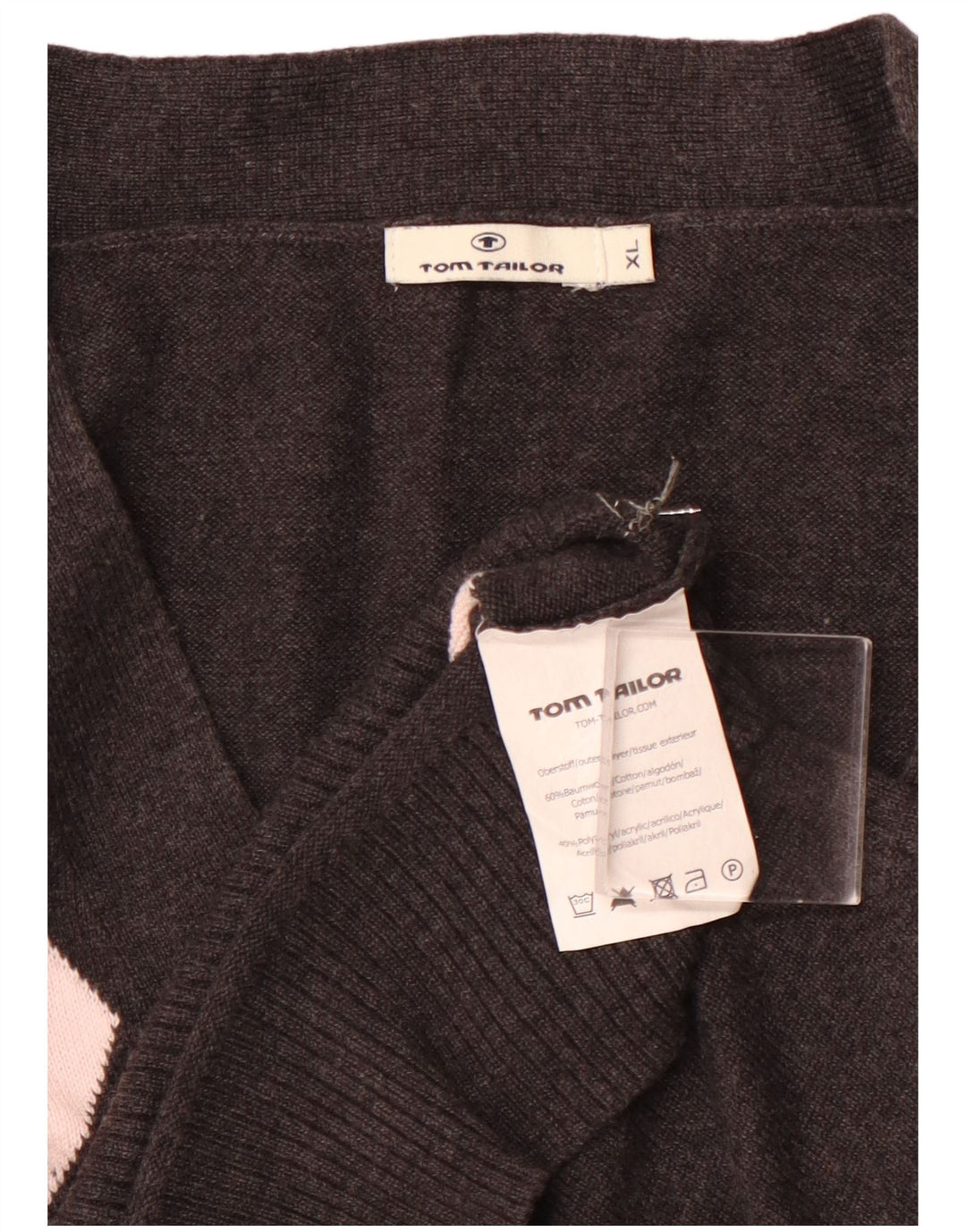 TOM TAILOR Maglione cardigan corto da donna UK 18 XL Nero Argyle/Diamante