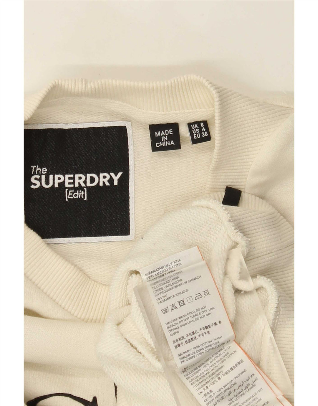 Felpa corta da donna oversize Superdry, maglione UK 8 Small, bianco sporco
