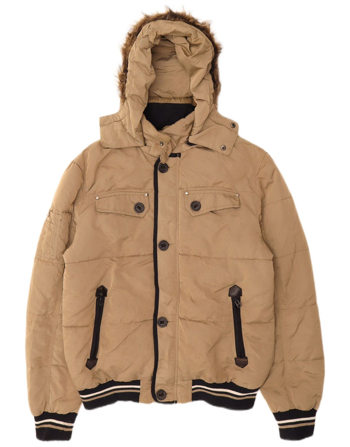 Giacca imbottita con cappuccio da uomo Zara UK 40 grande in nylon beige