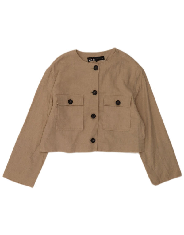Zara Womens Crop 4 Button Blazer Jacket UK 14 Medium Beige Polyester