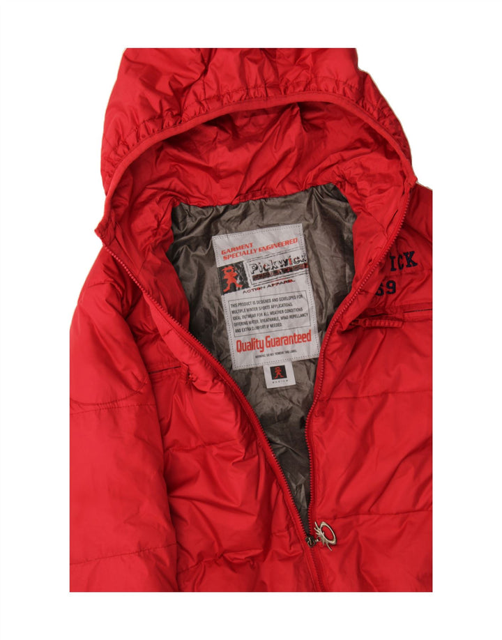 PICKWICK Womens Oversized Graphic Hooded Padded Jacket UK 14 Medium Red Vintage Pickwick and Second-Hand Pickwick from Messina Hembry 