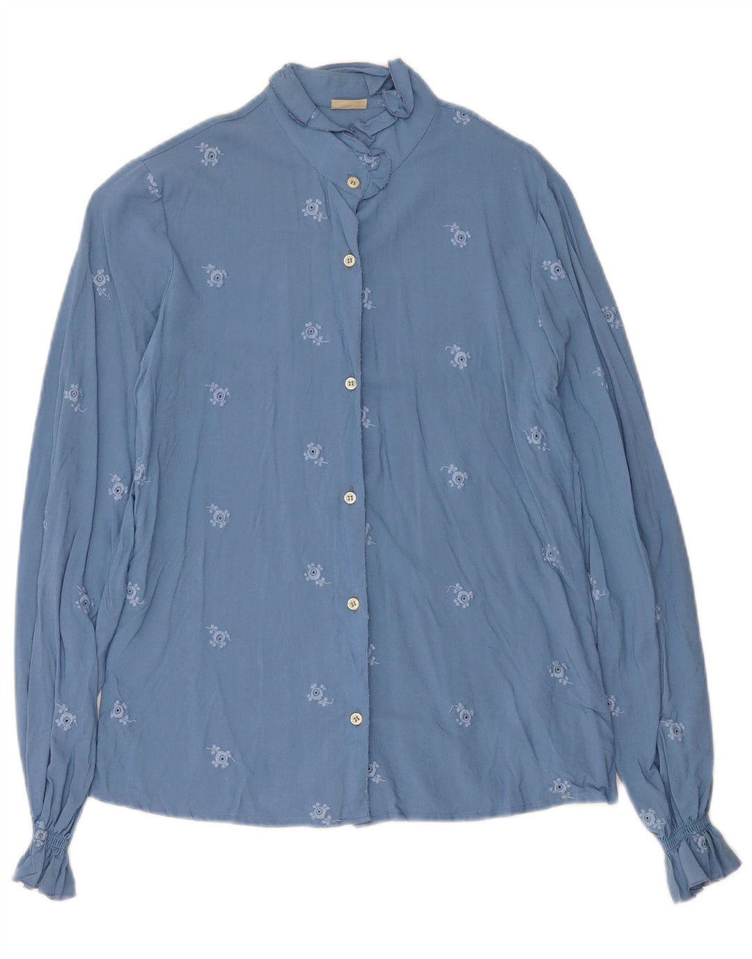 Blusa Camicia Vintage da Donna IT 42 Viscosa Floreale Blu Medio