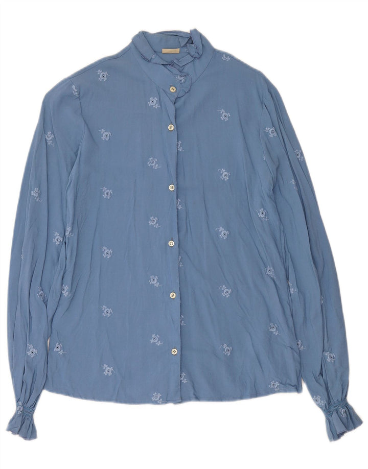 Blusa Camicia Vintage da Donna IT 42 Viscosa Floreale Blu Medio