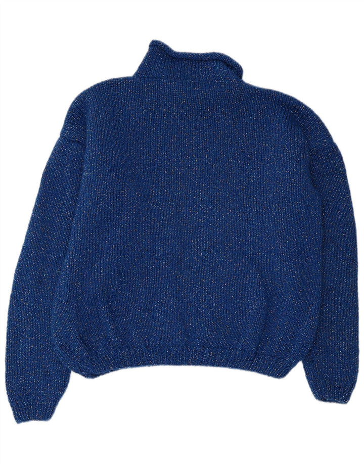 Maglione maglione collo alto da donna VINTAGE UK 14 Large Blue Colourblock