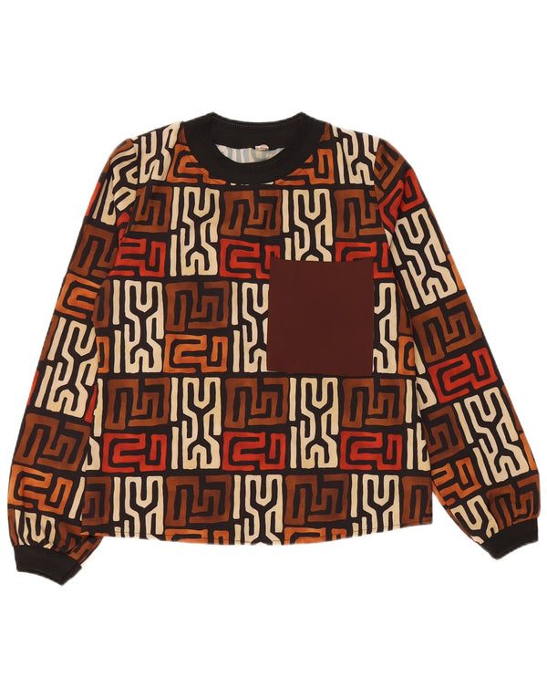 Top da donna VINTAGE a maniche lunghe UK 12 Marrone medio geometrico