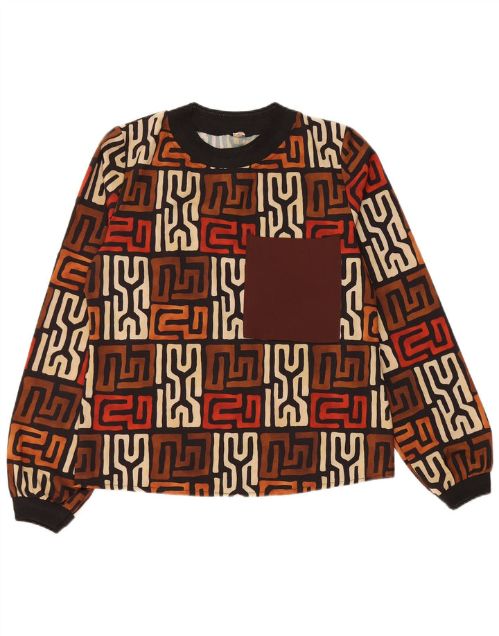 Top da donna VINTAGE a maniche lunghe UK 12 Marrone medio geometrico