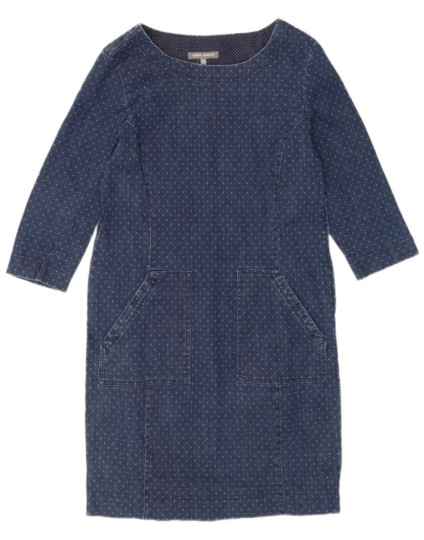 Laura Ashley Abito in denim con maniche a 3/4 da donna UK 12 Cotone maculato blu medio