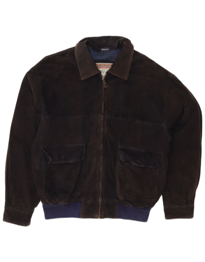 Giubbotto bomber vintage in pelle scamosciata da uomo IT 50 grande in pelle nera