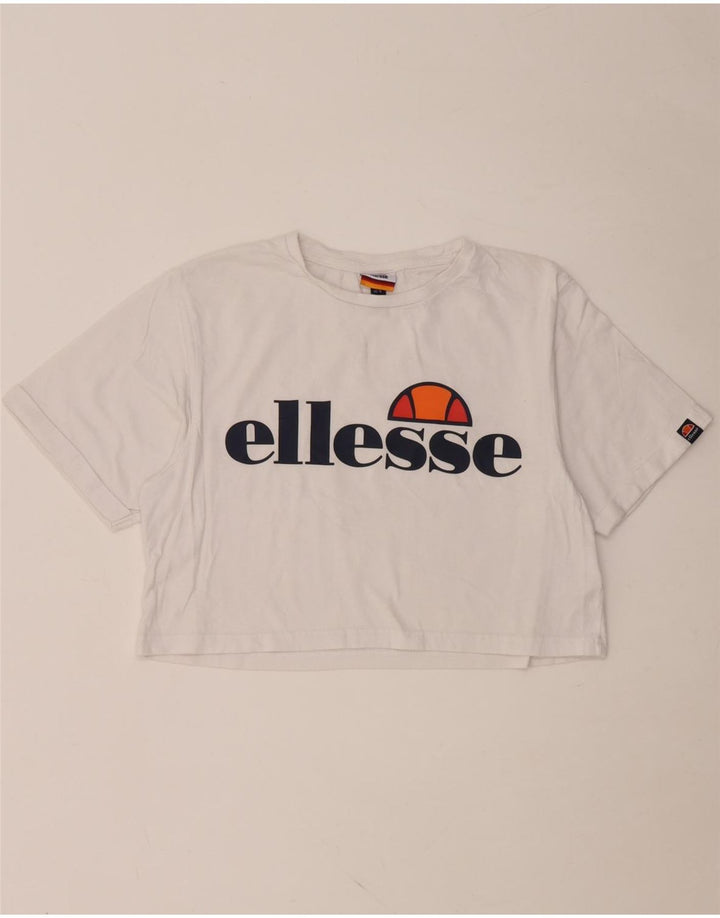 ELLESSE T-shirt grafica da donna corta Top UK 10 piccola cotone bianco
