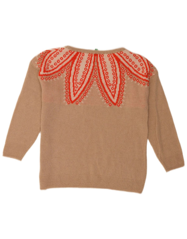 Benetton Womens Abstract Pattern Crew Neck Jumper Sweater UK 10 Small Beige
