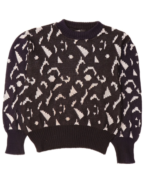 Maglione maglione vintage da donna con collo dolcevita UK 16 Grande blu navy geometrico