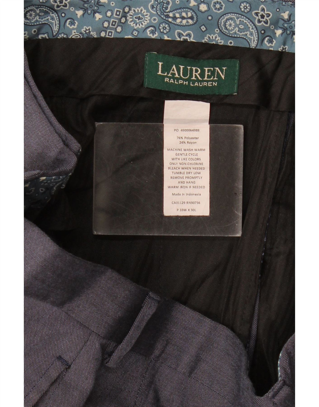 Pantaloni da abito dritti da uomo Ralph Lauren W33 L30 poliestere blu navy