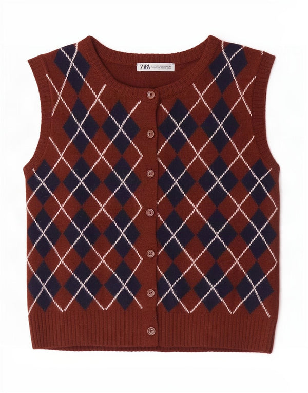 Maglione cardigan senza maniche da donna Zara UK 14 grande marrone a rombi/diamante