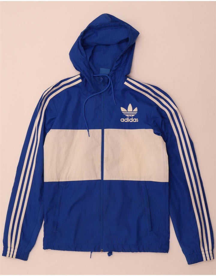 Giacca da ginnastica da uomo con cappuccio Adidas, piccola, in poliestere color block blu